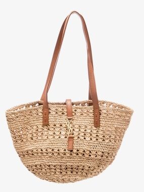 YSL small Raffia Panier bag with Leather Handles - Natural